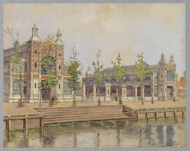 31434 Gezicht over de stadsbuitengracht te Utrecht op de zij- en voorgevels van de fruithal (links) en de korenbeurs ...